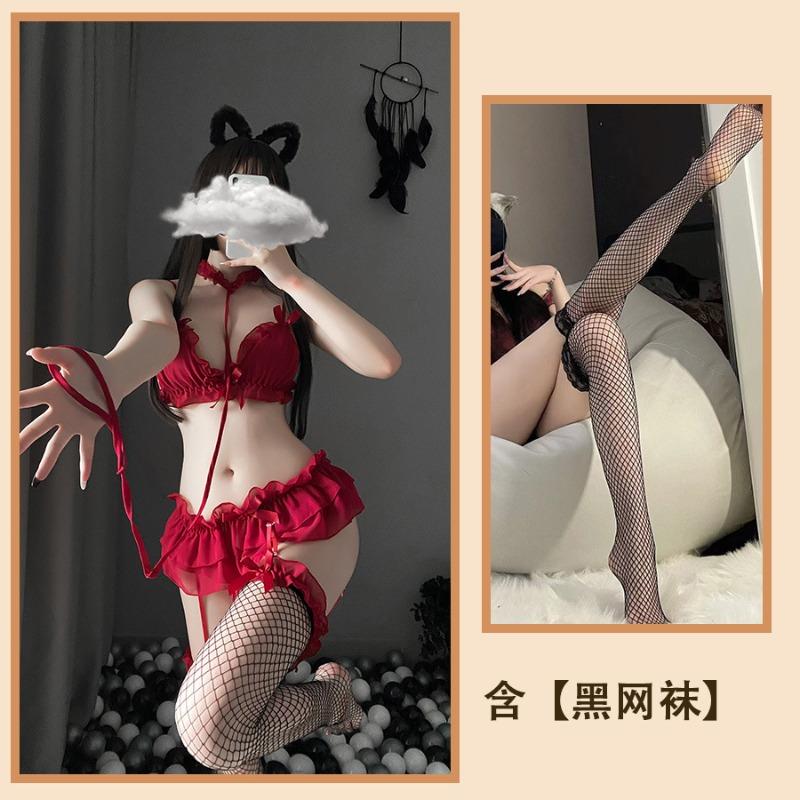 Sexy Underwear Women's Sexy Temptation Garter Lace Chiffon Three-point Passion No-take Suit Pajamas