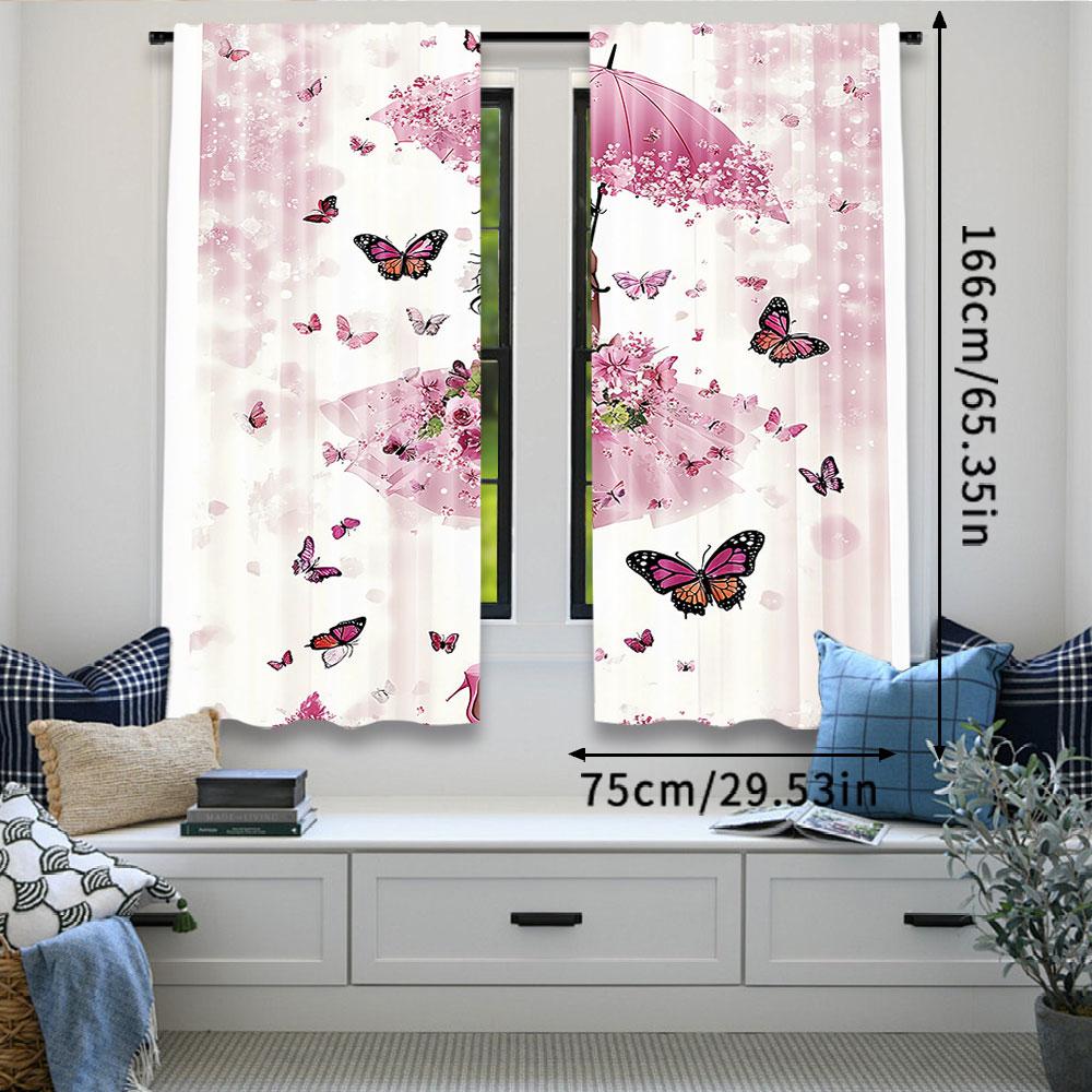 2Pcs Feminine Curtain With Floral Umbrella And Dress Walking With Butterflies For Bedroom Living Room And Dining Room