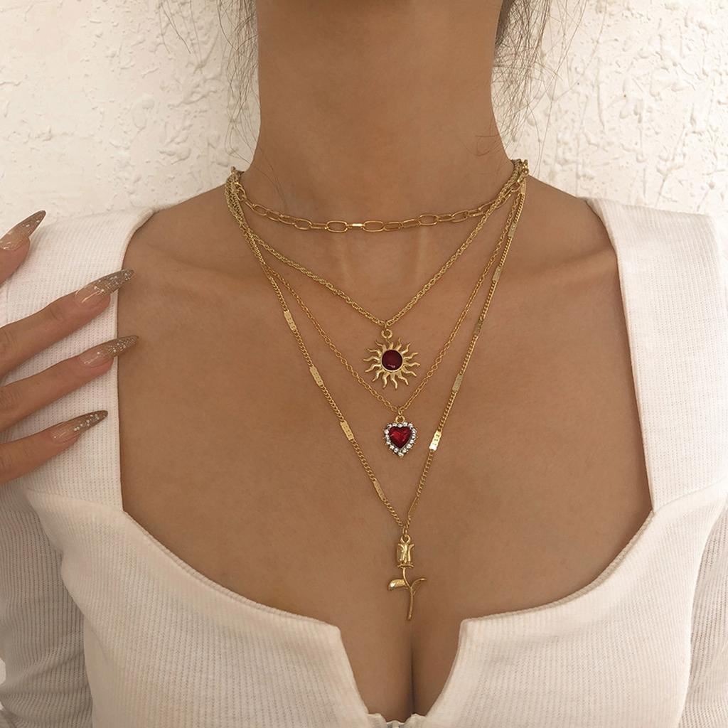 Vintage Sun Heart Flower Necklace with Rhinestones Alloy Gold White K Layered Collarbone Chain Street Fashion Jewelry