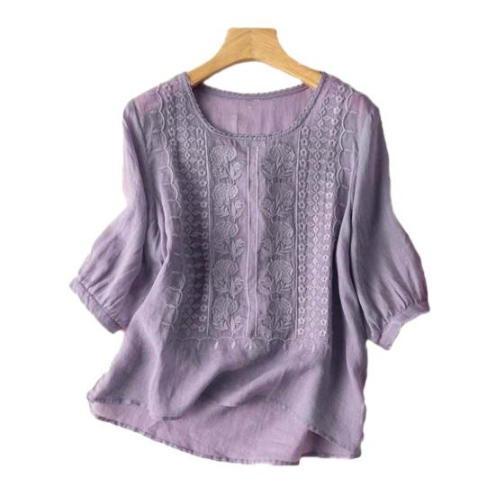 Women Tops Round Neck 3/4 Sleeve Puff Sleeve Loose Fit Casual Tops Embroidery Irregular Hem Blouse Spring Summer Wear