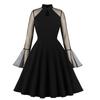 Women’s Swing Dress Mesh Shoulder Long Flare Sleeve Vintage Midi Dresses Holiday Party Casual Wear Black Burgundy