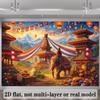Vibrant Nepalese Festival Tapestry, Colorful Temple Celebration with Elephant, Floating Lanterns and Snow-Capped Himalayas, Rich Cultural Wall Art