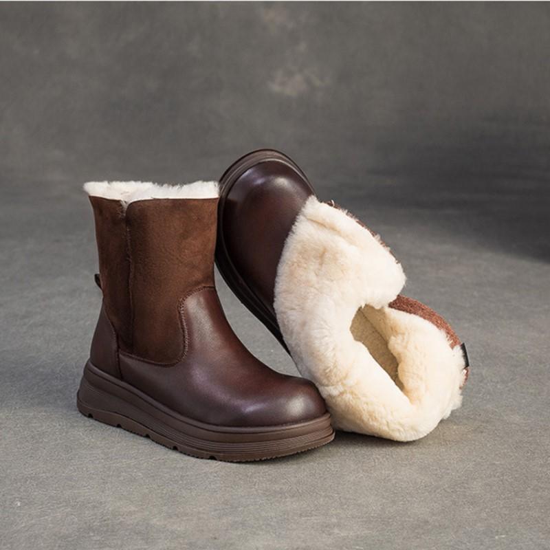 Johnature Retro Wool Warm Short Boots Genuine Leather Round Toe Side Zipper Thick Bottom Women's Shoes