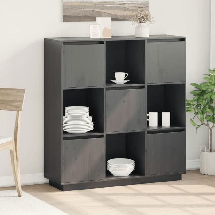High Sideboard - VIDAXL - Solid Pine Wood - 5 Doors - Grey - 110.5x35x117 Cm