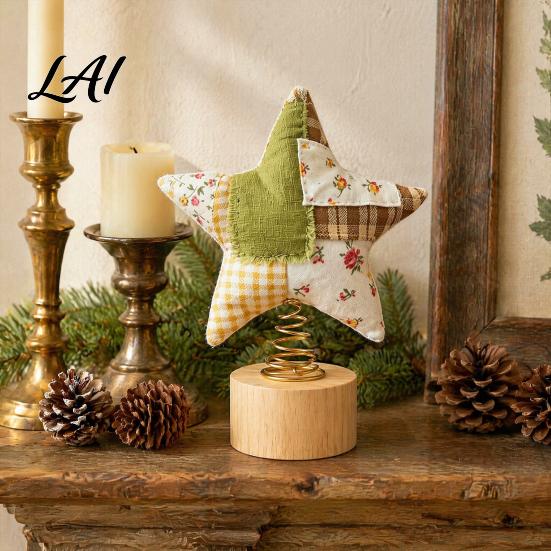 Fabric Star Ornament Christmas Tree Topper Patchwork Plush Stuffed Xmas Handmade Cloth Topper for Winter Holiday Party Home Decor
