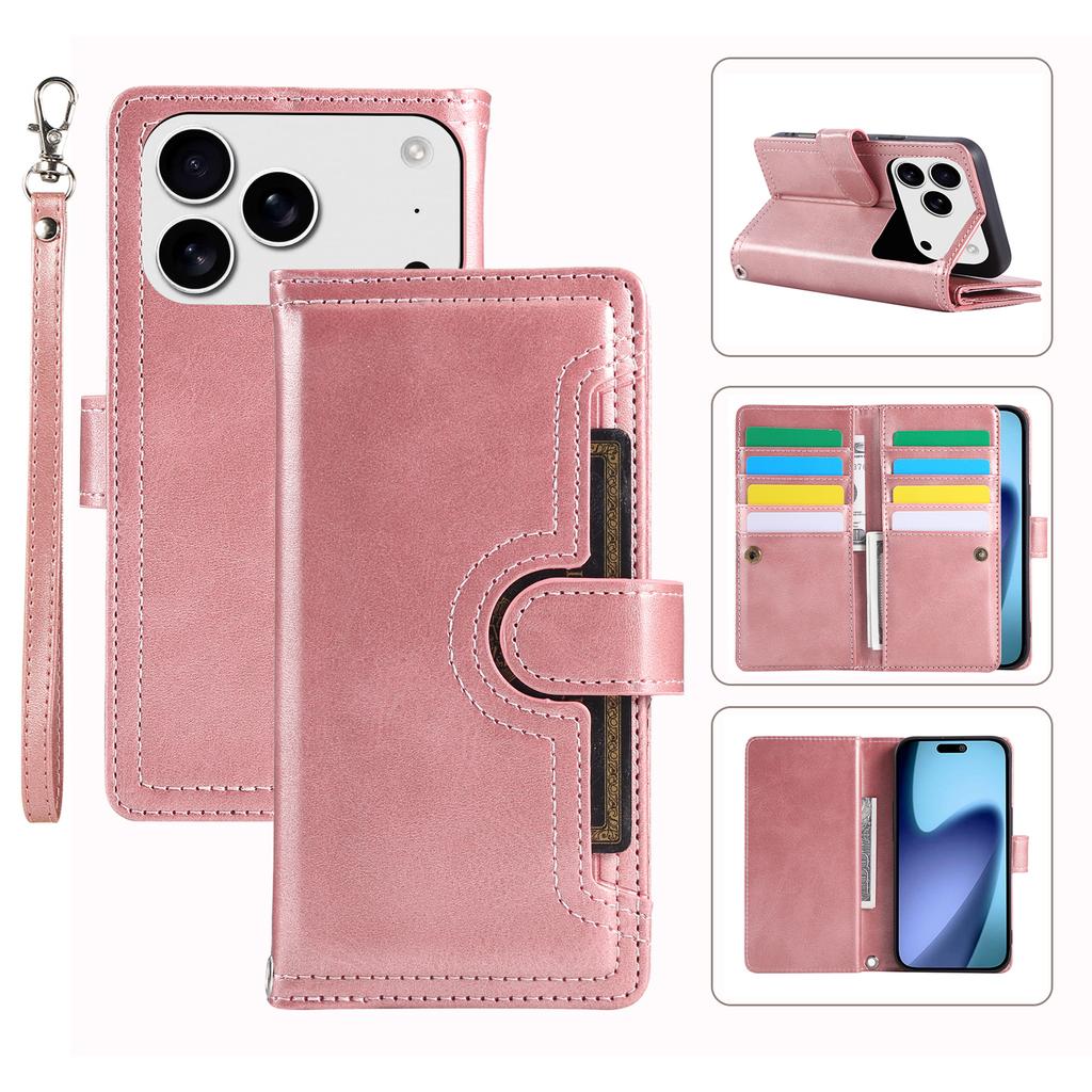 For iPhone 17 Pro Max Case Split Leather Magnetic Wallet Phone Protector with Wrist Strap