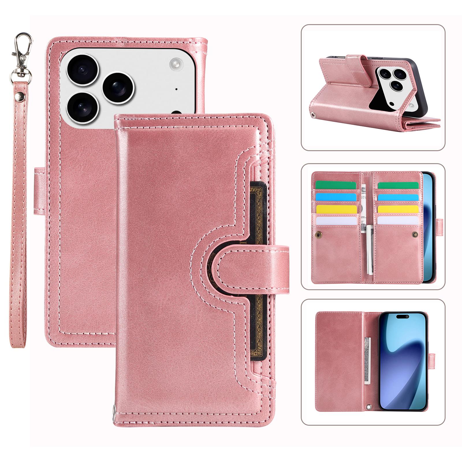 

For iPhone 17 Pro Case Split Leather Magnetic Wallet Phone Protector with Wrist Strap Rose Gold