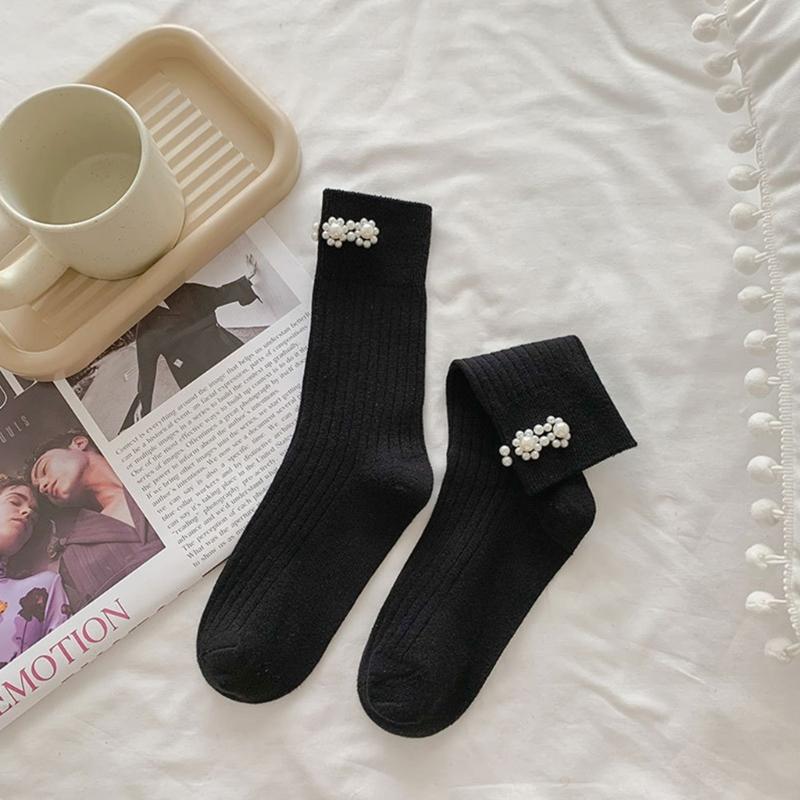 Simple Pearl Knee High Socks Cotton Calf Socks Sweet Knee High Stockings Lolitas Princess Socks for Womens Girls Gifts