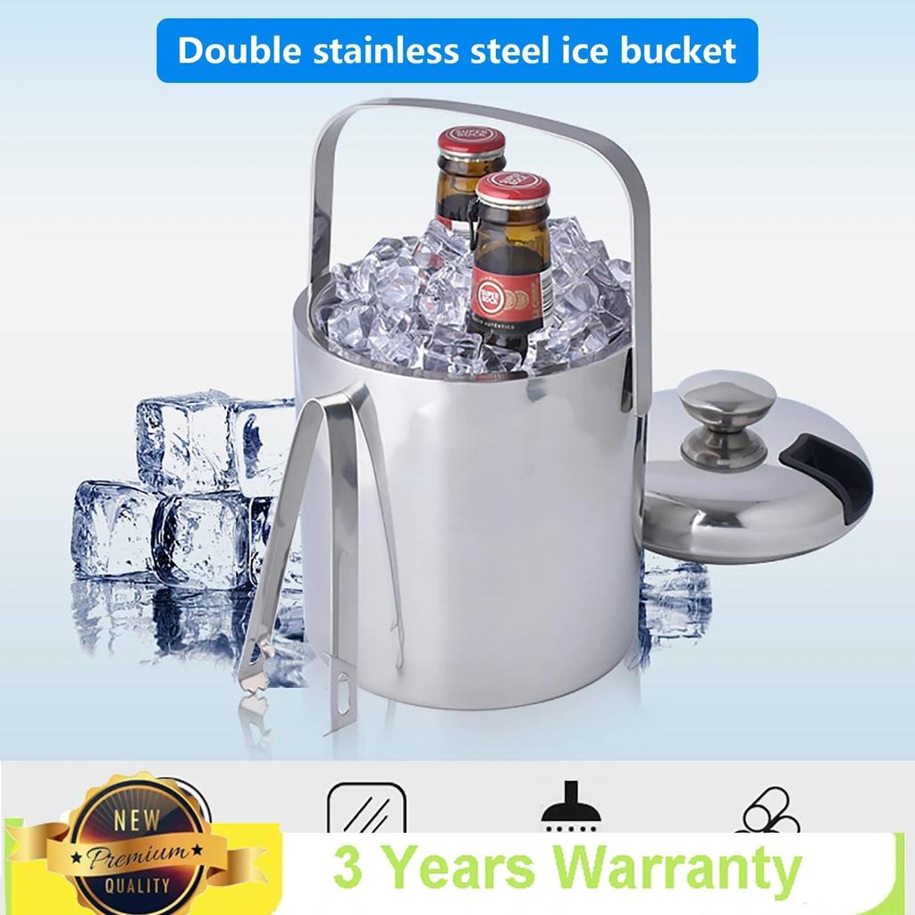 Bymaocar 1300ML 2-Layer Stainless Steel Insulated Ice Bucket w/ Lid & Ice Tong Outdoor Activity Versatile to Use for 3-5 People