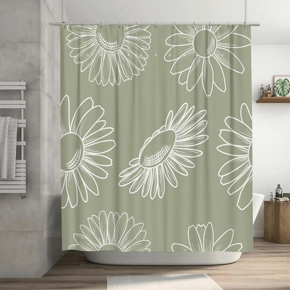Modern Floral Shower Curtain Decorative Waterproof Washable for Bathrooms Green White Pattern