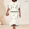Women Plus Size Round Neck Batwing Short Sleeve Printed Ruffle Hem Top Fishtail Skirt Two Piece Set