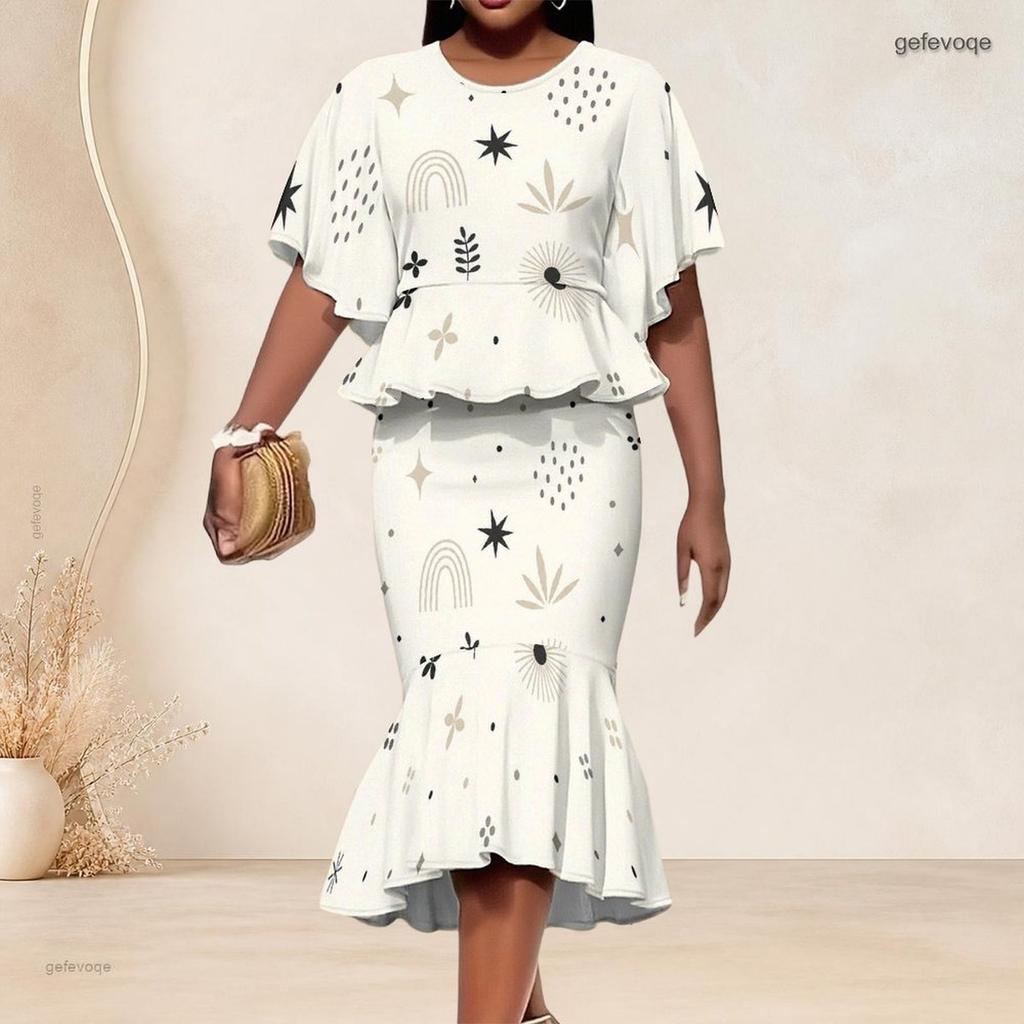 Women Plus Size Round Neck Batwing Short Sleeve Printed Ruffle Hem Top Fishtail Skirt Two Piece Set