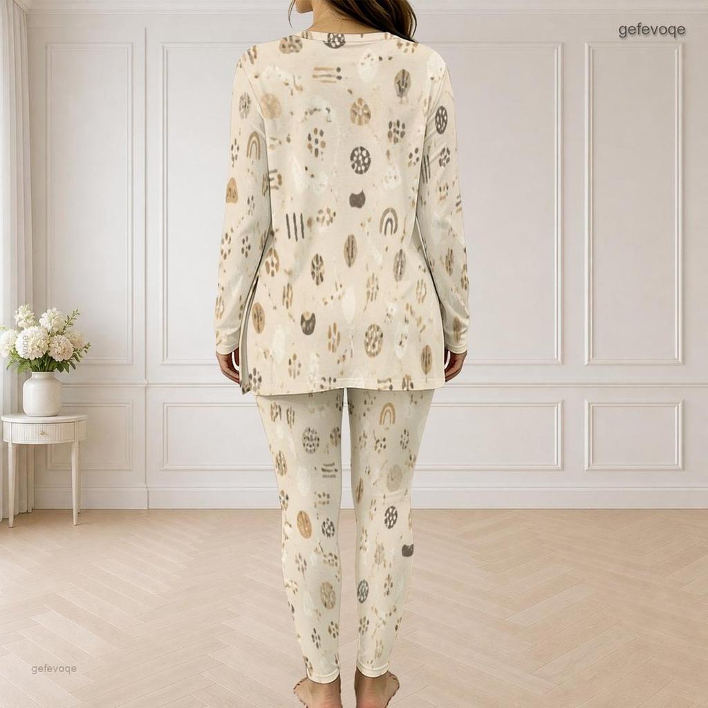 Women Plus Size Beige Brown Printed Half Zip Long Sleeve Longline Top And Fitted Pants Two Piece Set