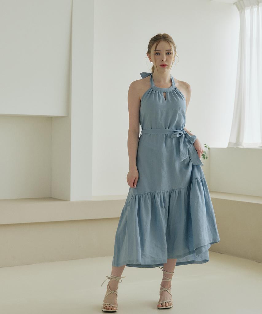 Belrma Sky Linen Back-Open Ribbon Halterneck Dress