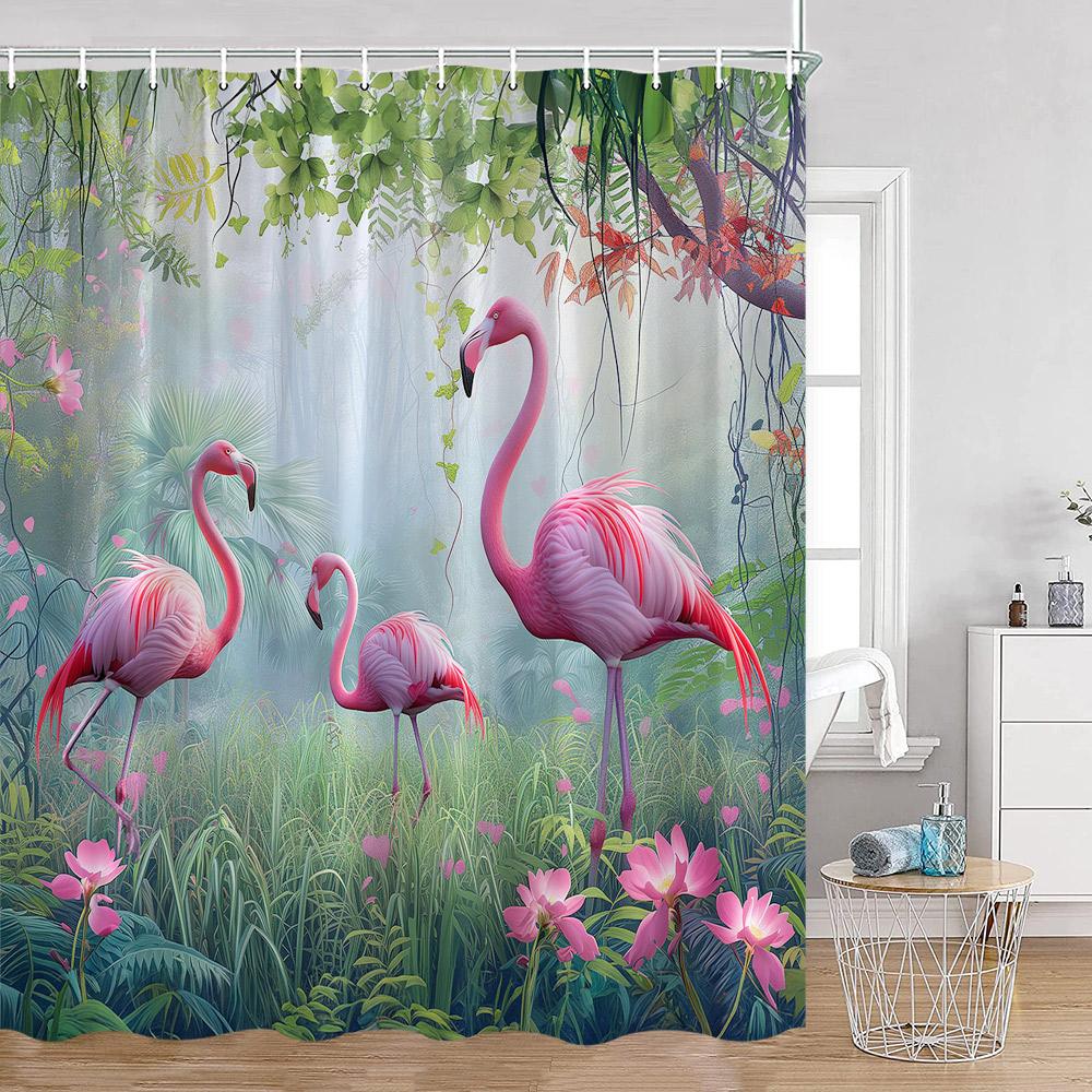 Shower Curtain, Tropical Flamingo Jungle Waterproof Polyester Bathroom Curtain With Hooks, Palm Tree Lotus Flower Decor Bath Cur