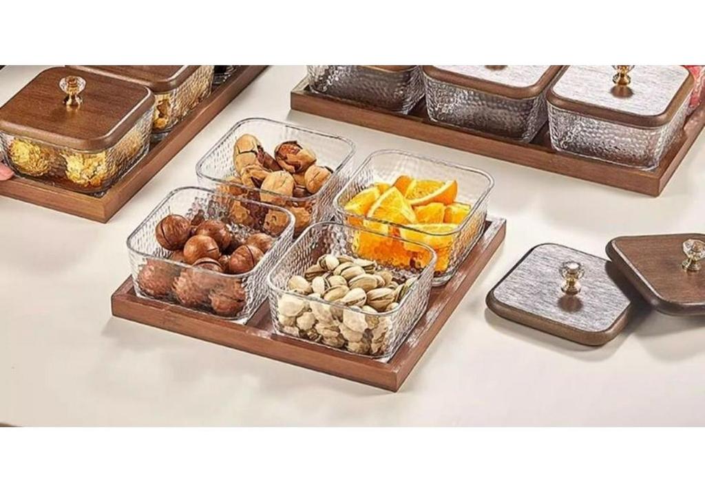 Walnut Luxury Glass Fruit Plate with Lid: Snack, Candy, and Dried Fruit Box for Living Room
