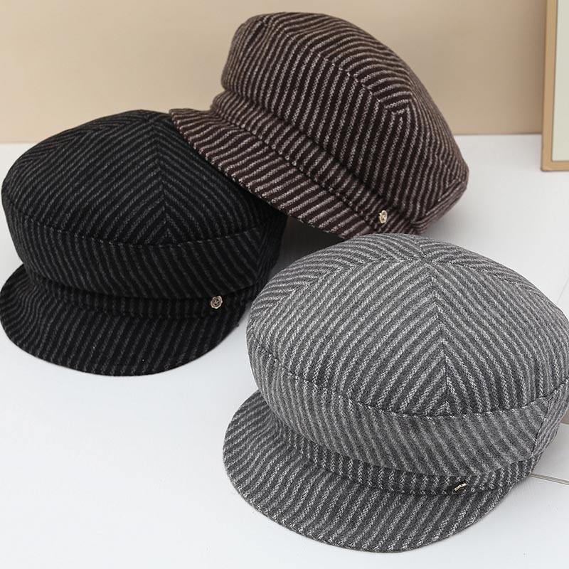Literary striped beret female spring and autumn face small octagonal hat newsboy hat retro versatile painter hat tide