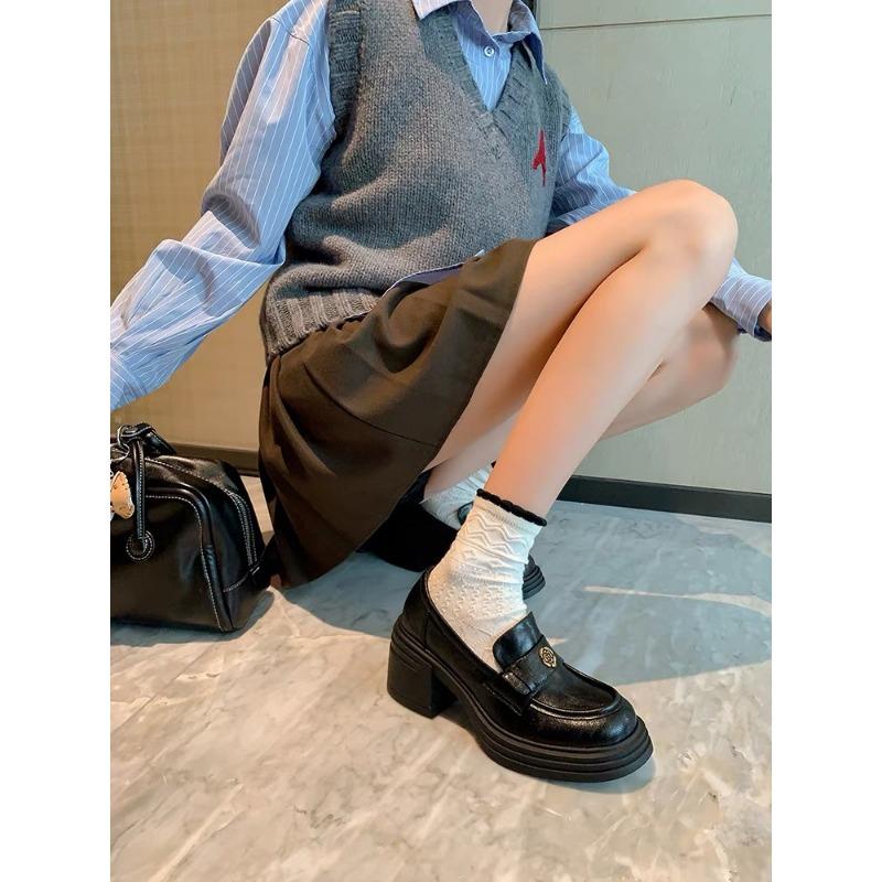 

Коровья кожа~ Женские ретро туфли-лодочки из натуральной кожи на высоком каблуке с круглым носком, толстой подошвой, на одной педали, ленивые, британские, маленькие кожаные туфли 39