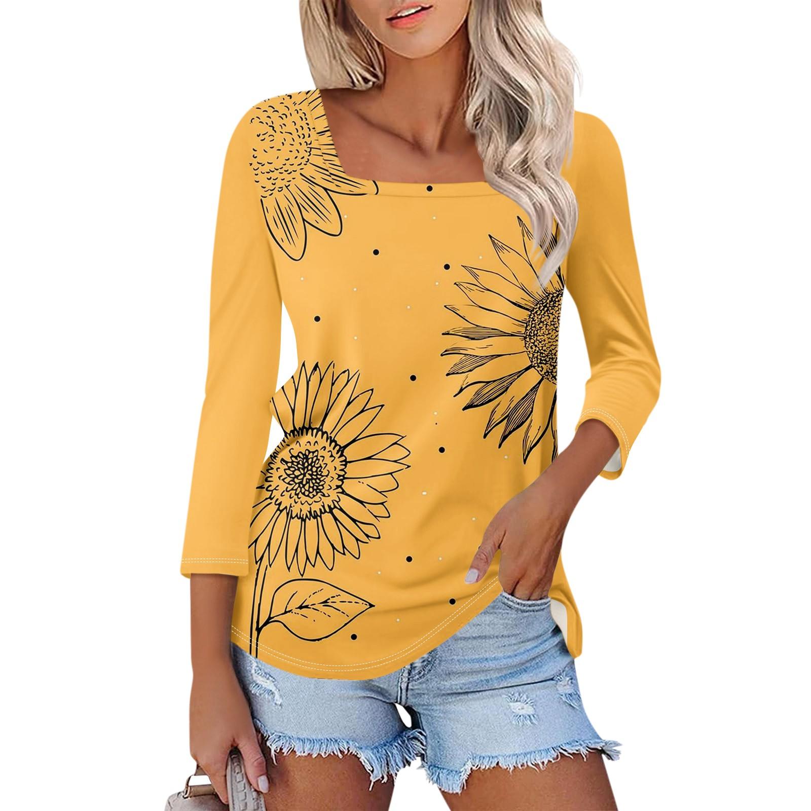 

Женская блузка с рукавом 3/4, квадратным вырезом и цветочным принтом, повседневная свободная туника XL жёлтый