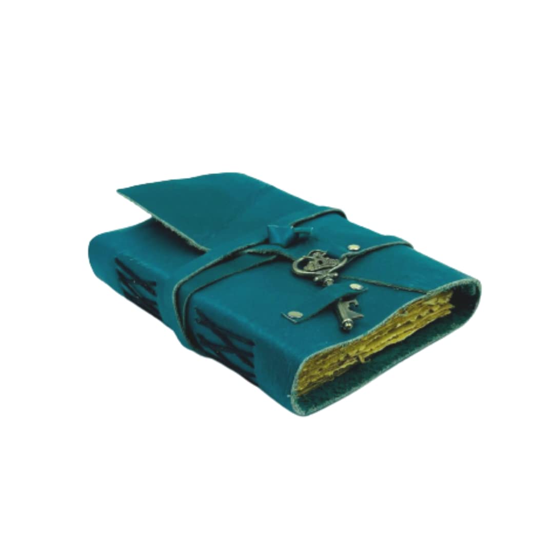 

OVERDOSE Deckle Turquoise Leather Journal with Lock Vintage Journal for Men and Women Sketching Writing Diary Book of Shadows Handmade Vintage Deckle