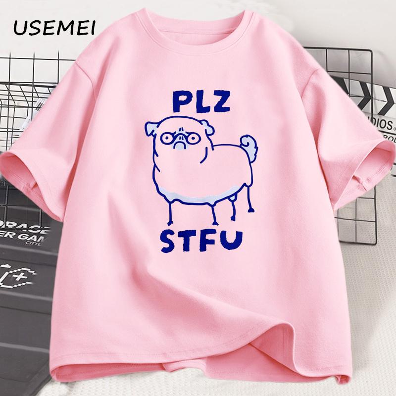 PLZ STFU Pug T Shirt Men Casual Short Sleeve Tee Shirt Meme Funny T-Shirt Vintage Drawing Racoon Animal Tshirt Streetwear Tees