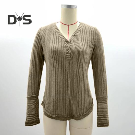 Women Autumn Tops Long Sleeve V-Neck Knitting Tops Solid Color Ribbed Casual Knitting Shirt Daily Wear