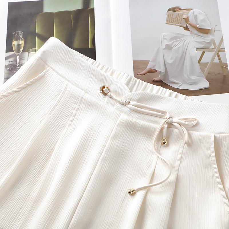 Summer 2025 Women's White Ice Silk Wide-Leg Pants: Slimming, Loose, Chinese-Style Straight Trousers