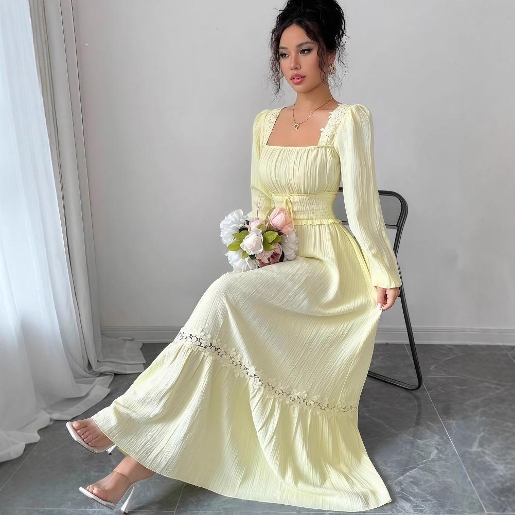 2025 Early Autumn Women's U-neck Long Sleeve Lace Patchwork Waist-Cinching Dress