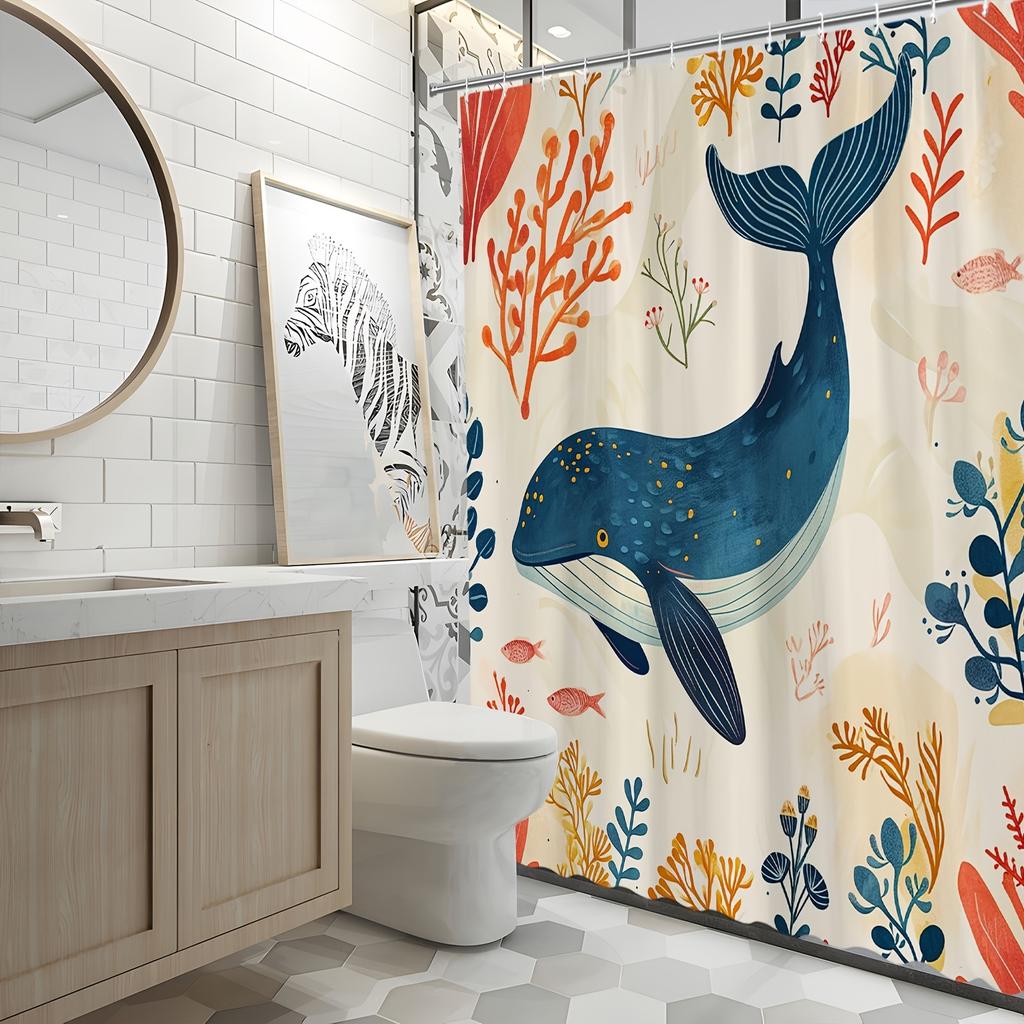 Whale Underwater Shower Curtain – Ocean Scene, Blue Whale, Coral Fish & Sea Plants, Hand-Drawn Style, Polyester