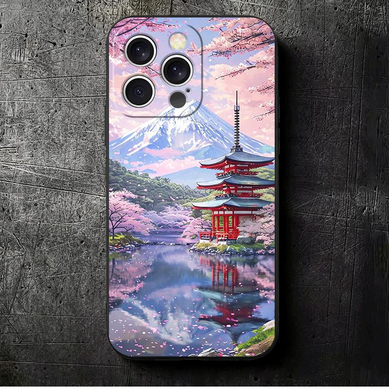 Japanese Pink Cherry Mount Fuji Soft Phone Case for iPhone 16 16E 17 Air 15 Pro Max 14 Plus 13 Mini 11 12 7 Black Cover Back She