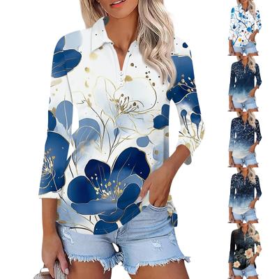 Women's Fashion Casual Lapel 3/4 Sleeve Print Shirt Women's Button Up Tops