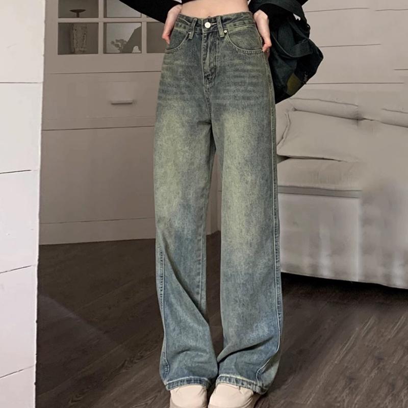 

Винтажные синие широкие джинсы с высокой талией, женские свободные прямые повседневные джинсовые брюки, женские простые элегантные офисные женские джинсы, брюки 24233 L синий