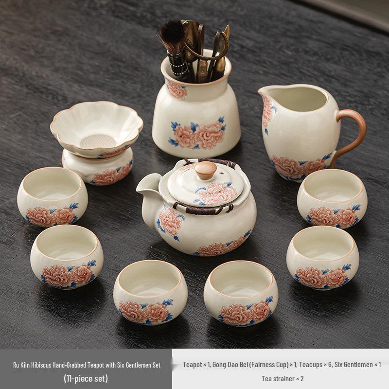 High-grade Beige Ru Kiln Hibiscus Ceramic Tea Set – Includes Teapot, Teacups, and Teaplate for Kung Fu Tea Ceremony, Suitable for Home and Office.