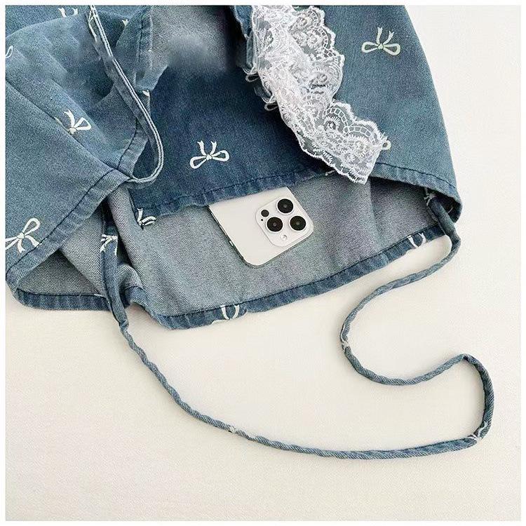 Bolso de Hombro de Lona de Mezclilla Versátil Dulce con Lazo para Mujer - Gran Capacidad