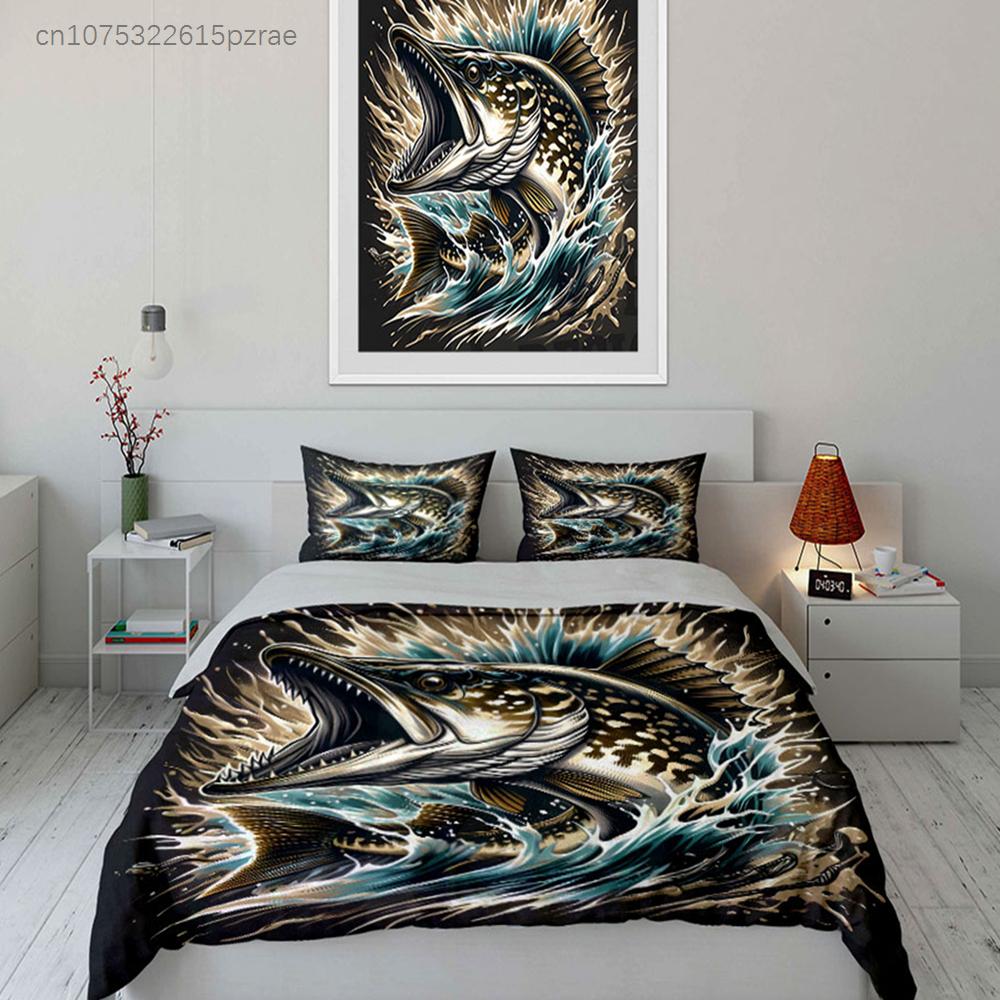 Pike Fishing Art Set Wall Decor Multiple Sizes kid's And adults' Bedroom Exquisite 3PC Bedding set, Gift