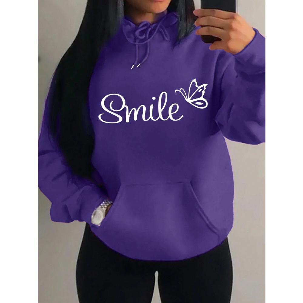 Smile Font Language Butterfly Pattern Hoody For Women Sport Pocket Clothing Cute Multicolor Streetwear Fashion Hoodies