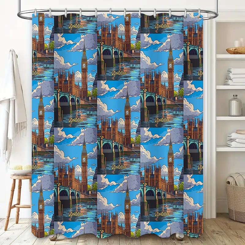 Vintage London Skyline Duschvorhang Britische Stadtlandschaft Badezimmer Dekor Reise-Thema Wasserdichtes Stoff-Hintergrund
