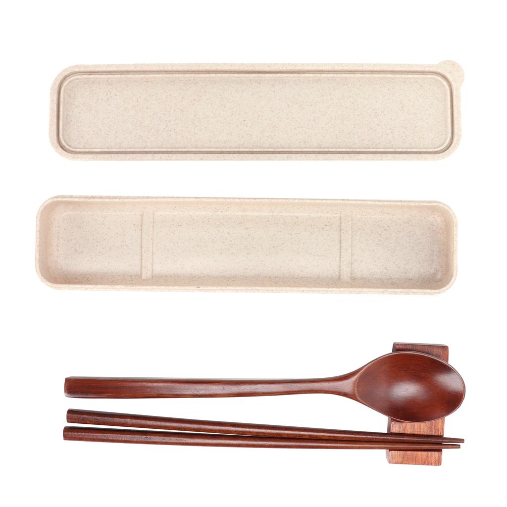 4Pcs/Set Wooden Chopsticks Spoon Tableware Rest with Box Portable Cutlery Set for School Office