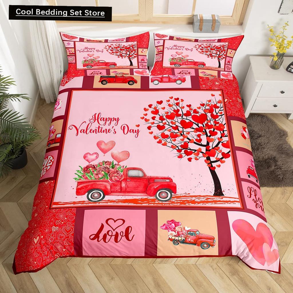 Valentinstag King Bettbezug Romantisches Bettwäsche-Set Kawaii Paar Wichtel Bettdeckenbezug Rosa Rosen Herzen Polyester Steppdeckenbezug