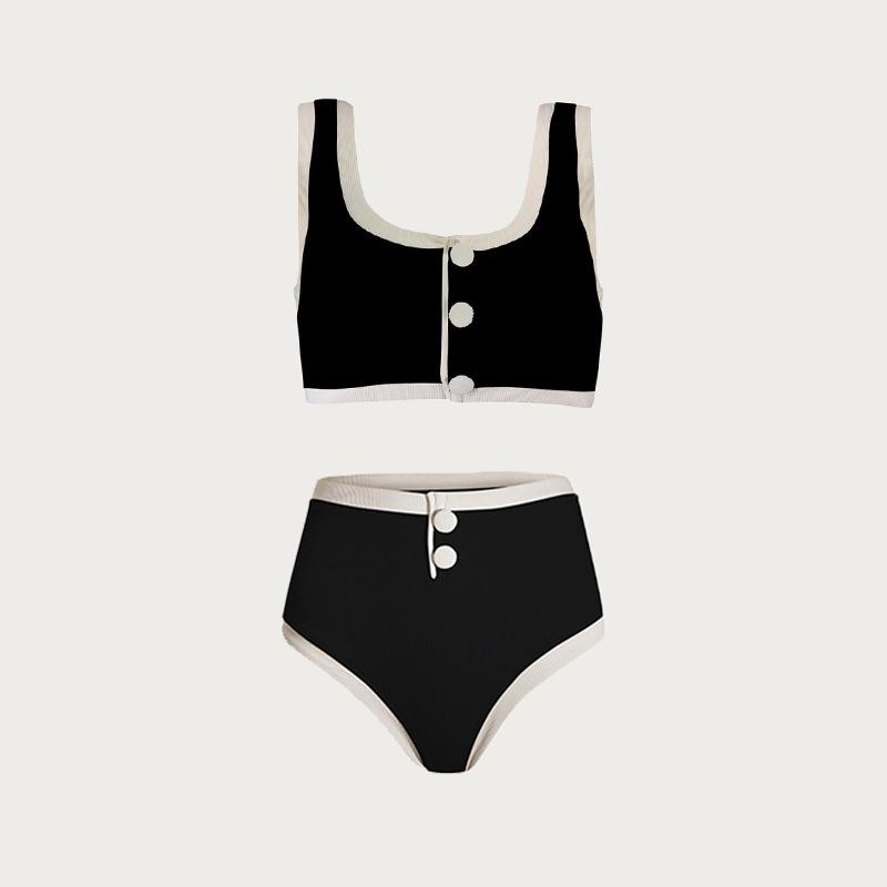 Black & White Minimalist High-End Split Swimsuit for Women with Button Decoration - 2024 Little Fragrance Style.