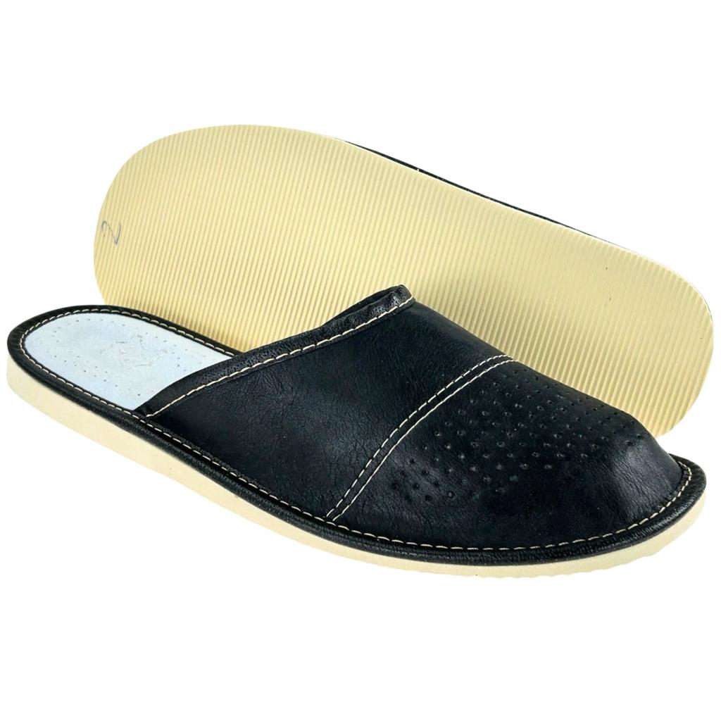 Men's black leather covered slippers, comfortable men's slippers size 44