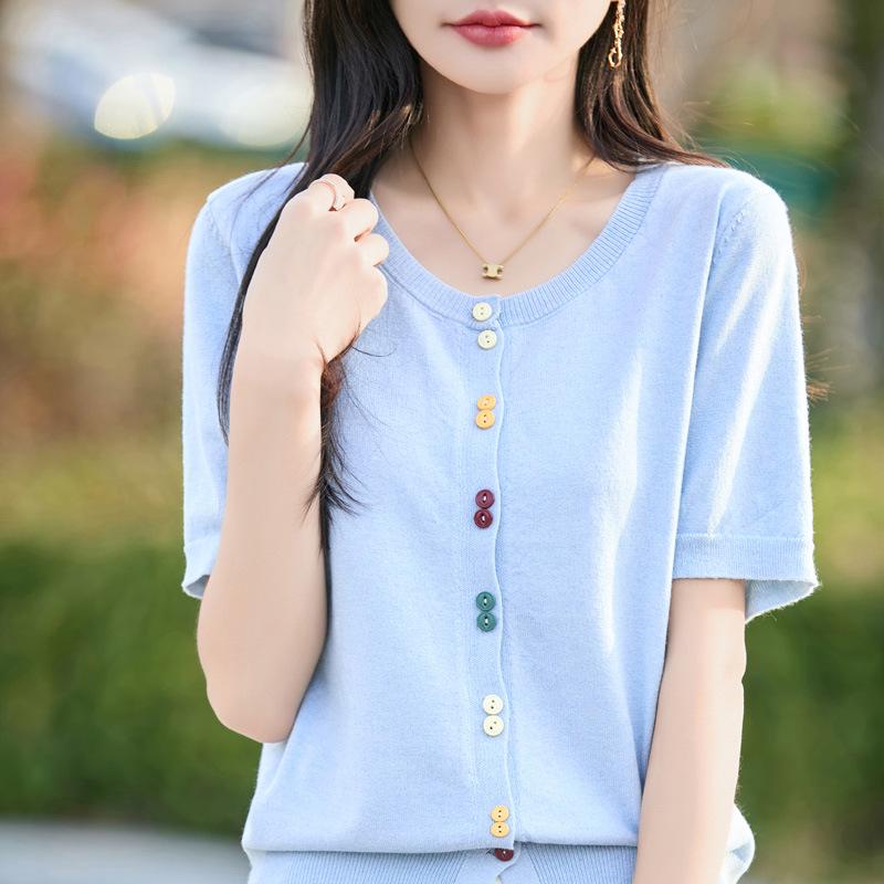 

Летний женский кардиган в корейском стиле с цветными блоками - Короткий рукав, Тонкая вязка, Свободный крой, Маленький размер M синий