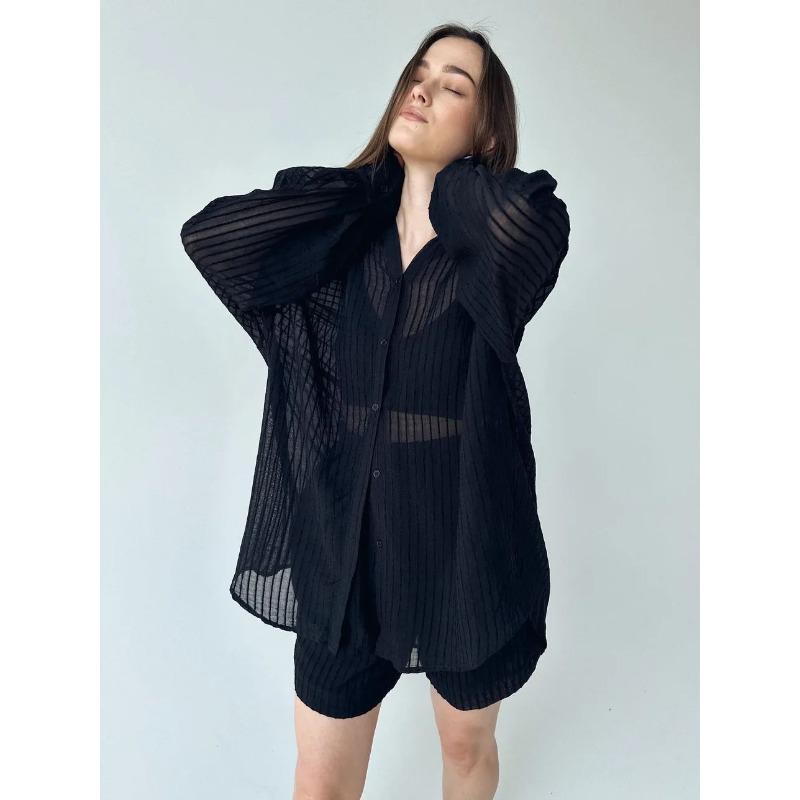 Set de pijamale de vară pentru femei, translucid, cu mânecă lungă, haine de dormit pentru femei, 2 buc.