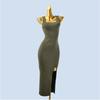 Fashion Style U-Neck Sleeveless Knitting Vest Dress Classy Wear Silm Hip-Wrapped Mid-Length Dress Split