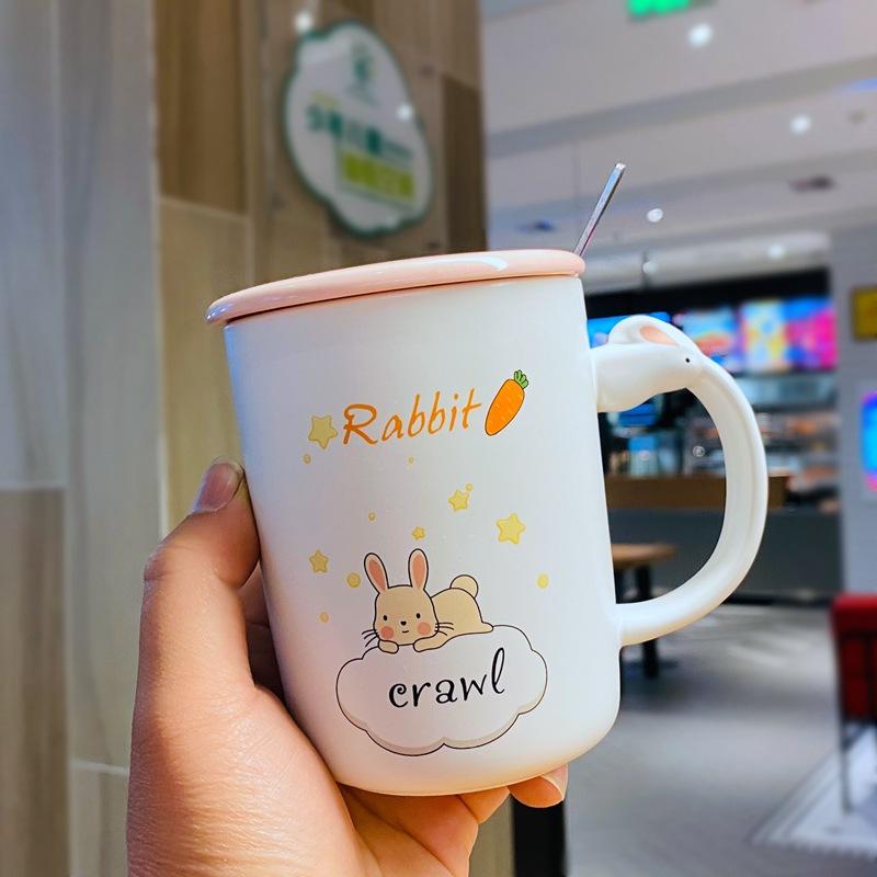 Rabbit Mug with Lid Spoon Cup for Men and Women Ceramic Drinking Water Cup Couple Cartoon High Value Large Capacity Coffee Cup