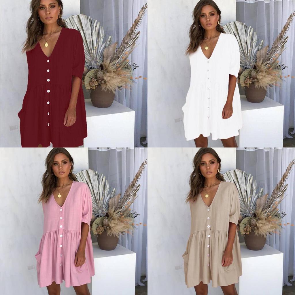 Stylish Women Summer Smock Dress With 3/4 Sleeve For Casual Beach Outings And Holidays