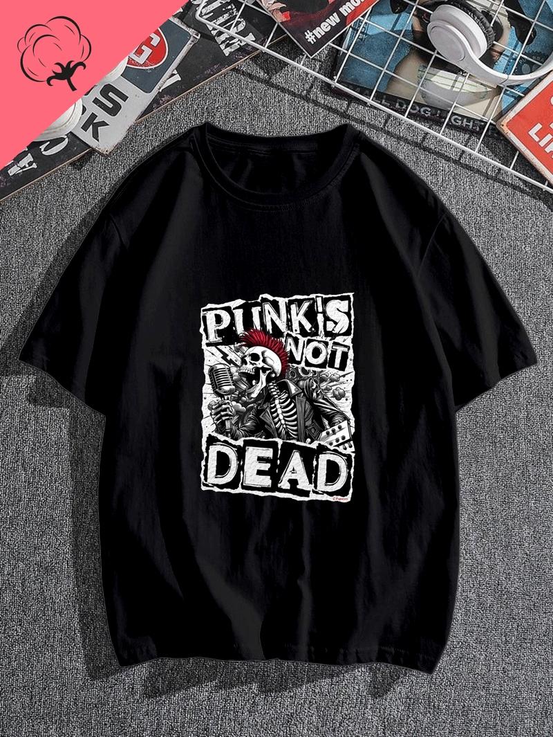PUNKS NOT DEAD Retro Punk Music Patterned Printed Fashion T-Shirt, Classic Rock Music Casual Cotton T-Shirt S