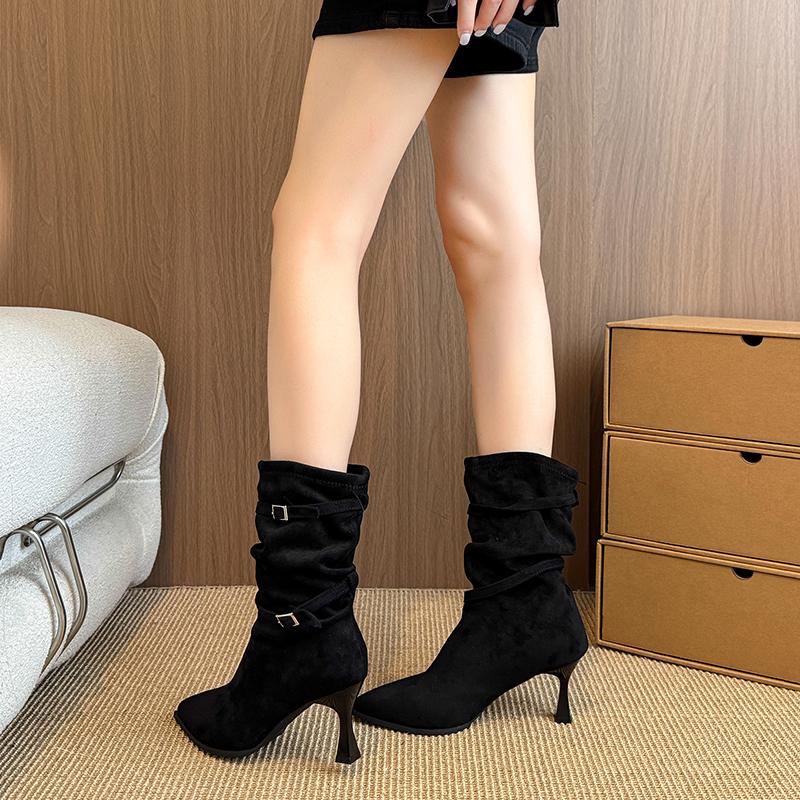 French Stiletto Booties  Retro Fashion Pointed Toe Paneled Suede Buckle Non-Slip High Heel Skinny Shoes