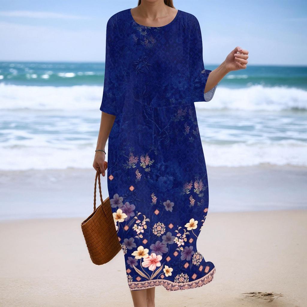 Women's Fashionable Printed Round Neck Seven Quarter Sleeve Loose Dress