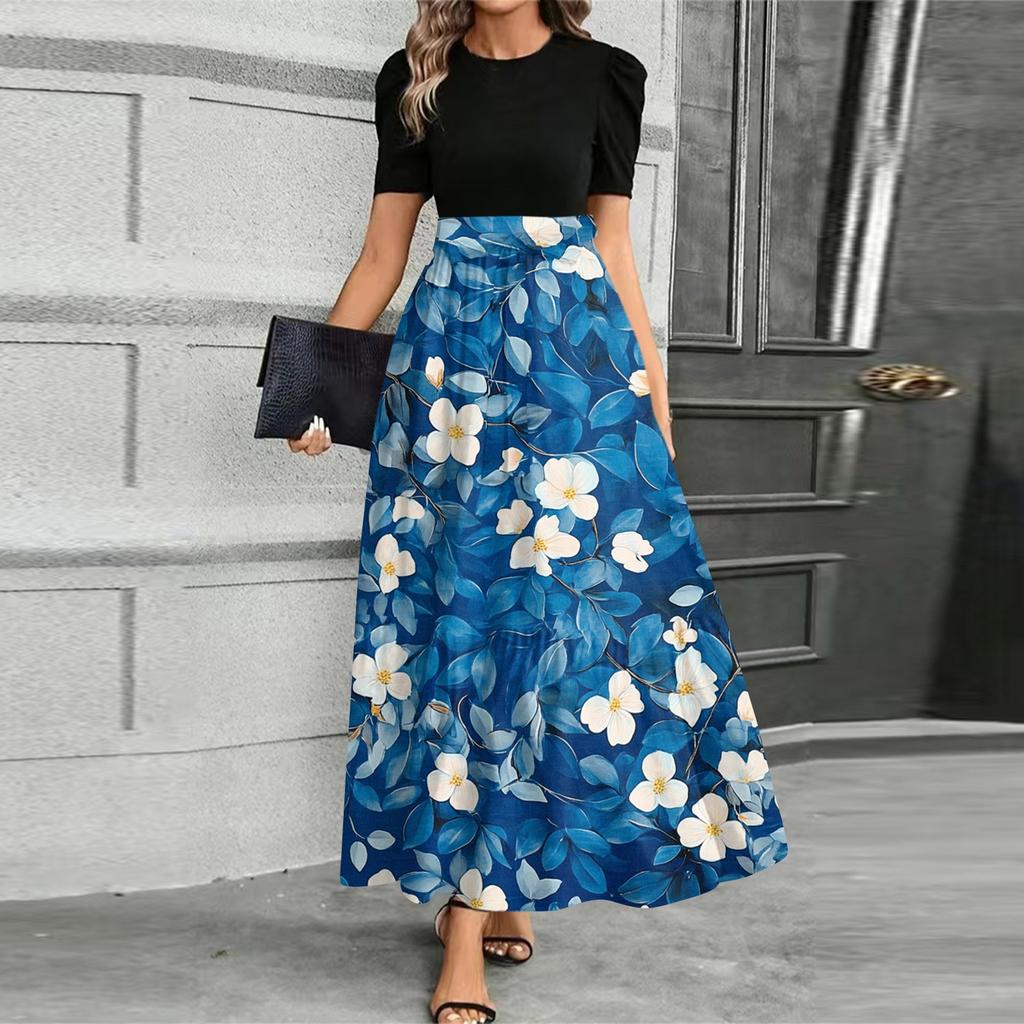 Women's Fashionable Casual Belt Short Sleeved Round Neck Print Elegant Temperament Dress